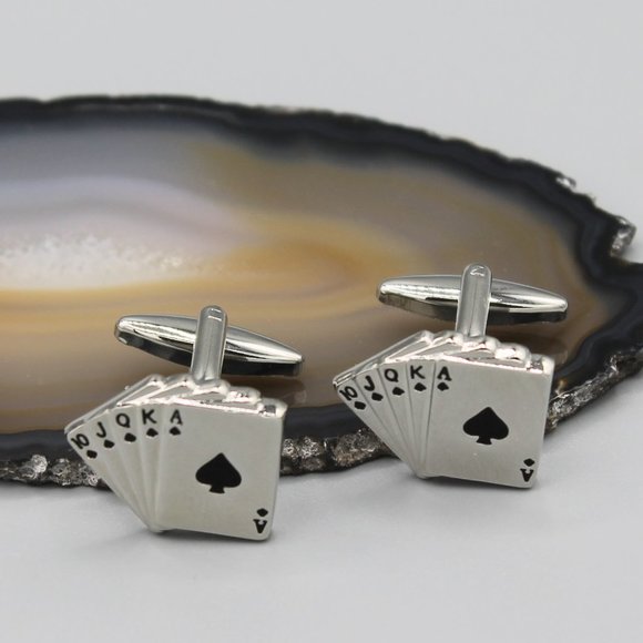 Poker cards money silver tone cufflinks - Picture 2 of 5